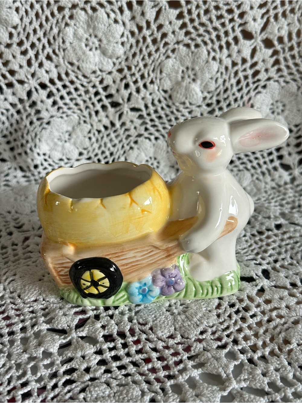 Vintage White Ceramic Bunny Planter with Yellow Egg Cart Wheel, Easter, Spring
